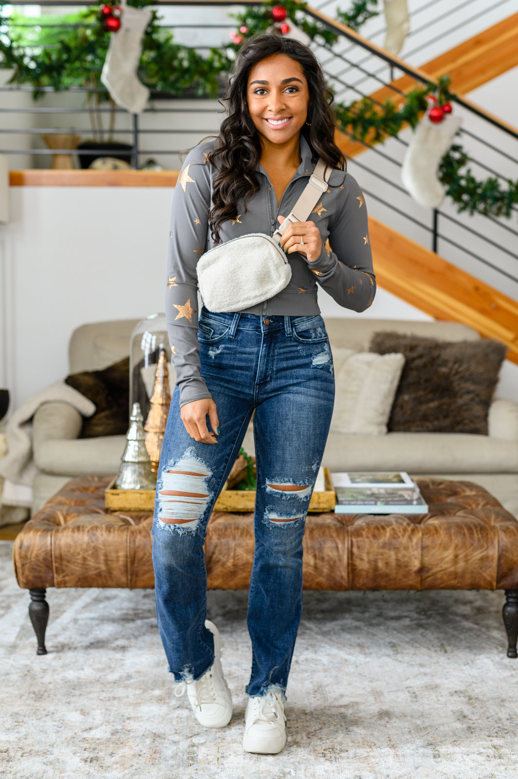 Christine High Contrast Slim Bootcut Destroyed Jeans for Women - Vintage Distressed Denim Pants with Ripped Details | Perfect for Casual Outfits, Streetwear Fashion and Night Out Looks
