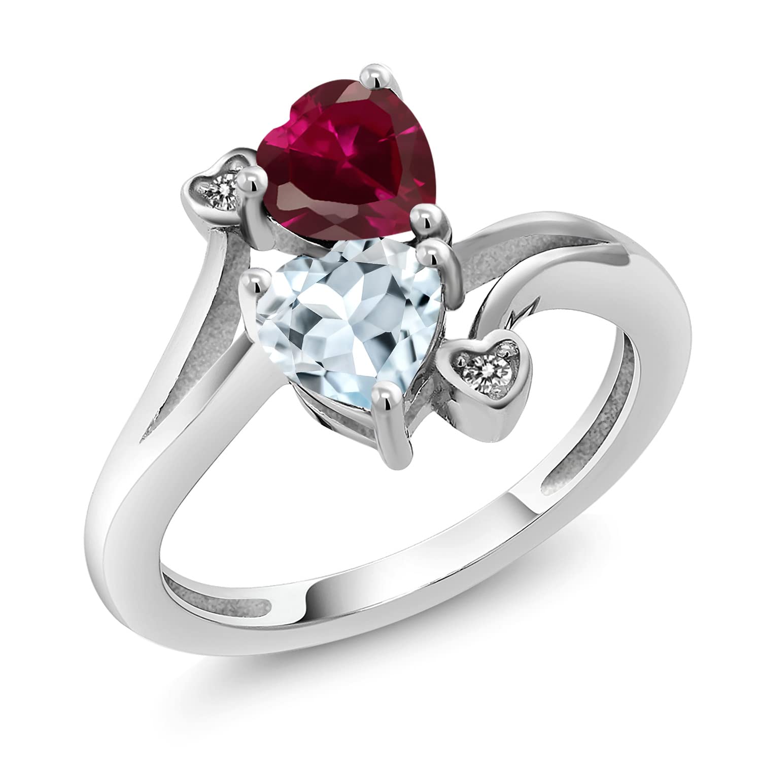 1.67 Ct Heart-Shaped Red Created Ruby & Sky Blue Aquamarine Diamond Ring in 925 Sterling Silver | Elegant Jewelry Gift for Women, Anniversary, Valentine's Day, Engagement