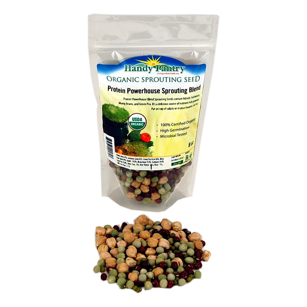 Organic Sprouting Seeds Mix - Adzuki, Garbanzo, Mung Bean & Snow Pea (8oz) | High-Protein Superfood for Salads, Sandwiches & Healthy Snacks | Handy Pantry Non-GMO Vegan Sprouts