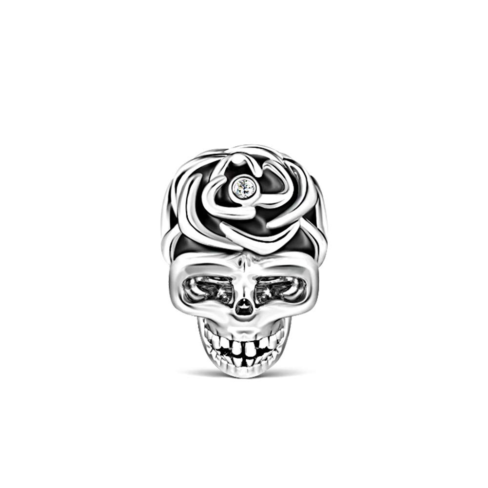 GNOCE Sterling Silver Rose Skull Charm Bead with Black Red Purple Rose - Gothic Jewelry for Bracelet & Necklace - Romantic Halloween Gift for Women & Men - Perfect for Gothic Fashion, Dark Aesthetic & Spooky Occasions