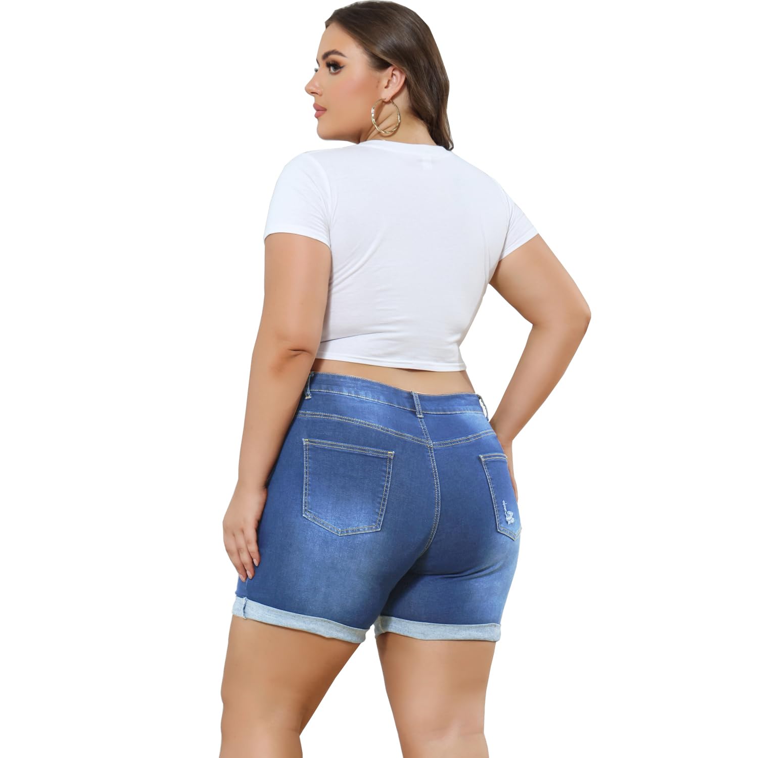 Plus Size Women's Ripped Denim Shorts - High Waisted Stretchy Jean Shorts with Folded Hem | Comfortable & Stylish for Summer Outfits, Casual Wear & Beach Vacations