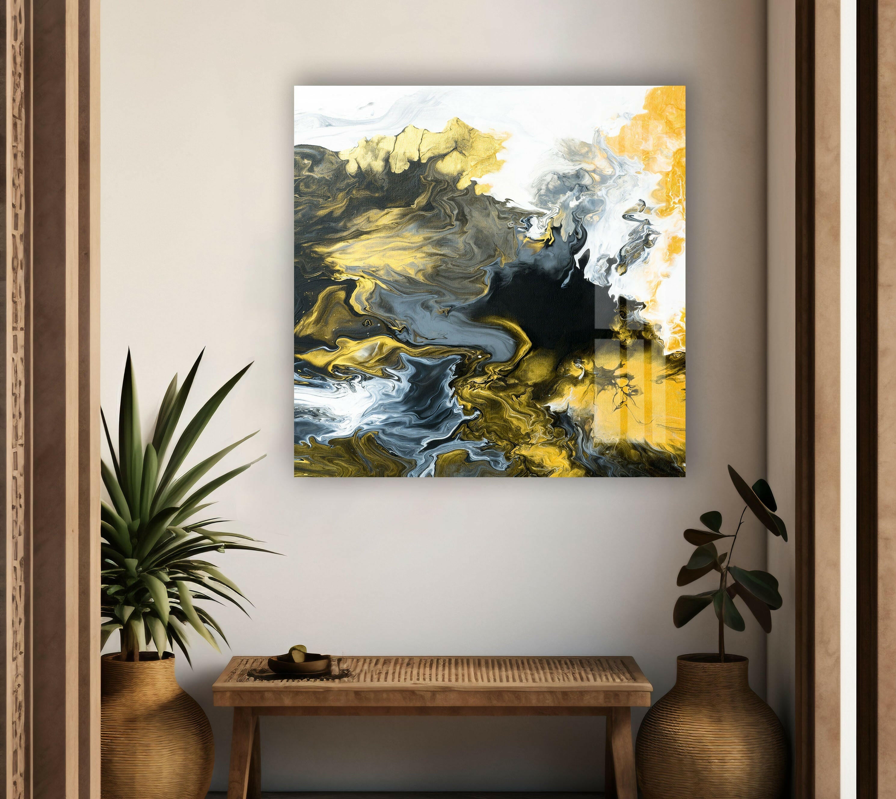 Abstract Glass Wall Art in Black, White & Gold - Modern Home Decor for Living Room, Bedroom & Office