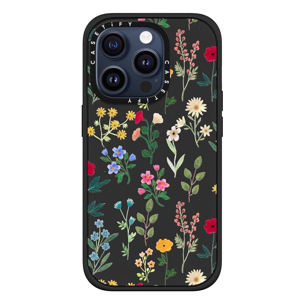 CASETiFY Impact Case for iPhone 15 Pro - 4X Military Grade Drop Protection (8.2ft Tested) - Flower Print Design - Spring Botanics Collection - Matte Black - Durable Phone Cover for Outdoor Activities & Daily Use