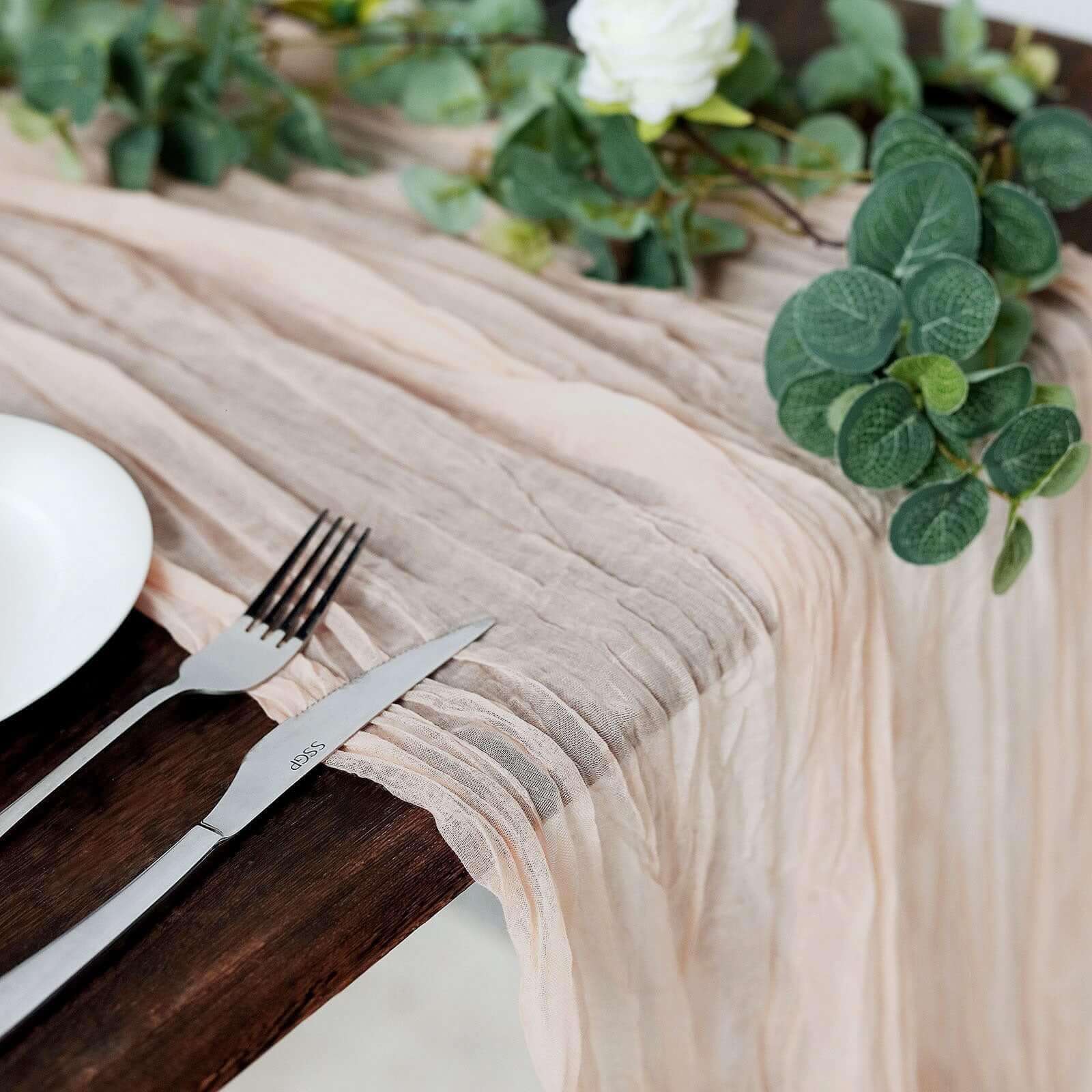 Efavormart 10FT Cheesecloth Table Runner - Boho Wedding Decor, Gauze Fabric Table Cover for Rustic Wedding, Party, Baby Shower - Blush Rose Gold