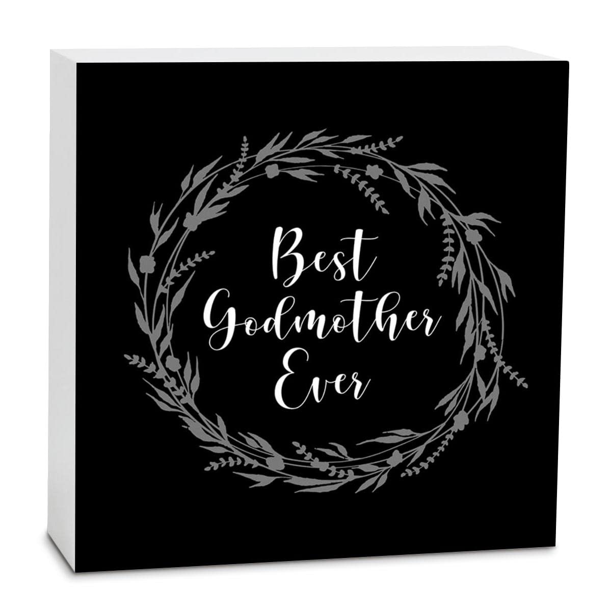 Elanze Designs Best Godmother Ever Silvery Grey Wreath - 5x5 Inch Wooden Tabletop Sign Plaque - Perfect for Godmother Gifts, Baptism Decor, or Home Wall Decoration