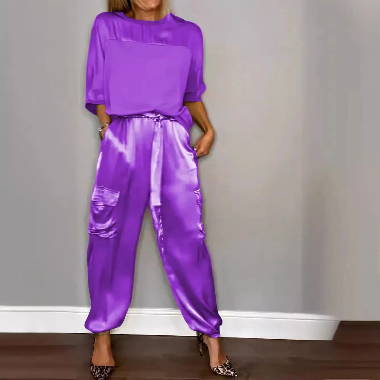 Women's Solid Color Satin Two Piece Set - Round Neck Top & Loose Long Pants Outfit for Spring Summer | Casual Lounge Wear, Street Style Fashion, Office to Weekend Outfits
