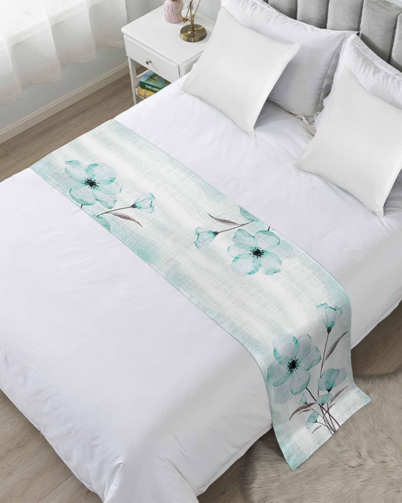 Teal Green Floral Bed Runner for Full/Queen Size Beds - Ombre Rustic Bedspread Protector Slipcover, Decorative Bed Scarf for Foot of Bed - 83x20 Inch Spring Summer Country Floral Design - Perfect for Bedroom Decor, Hotel Styling & Wedding Accents