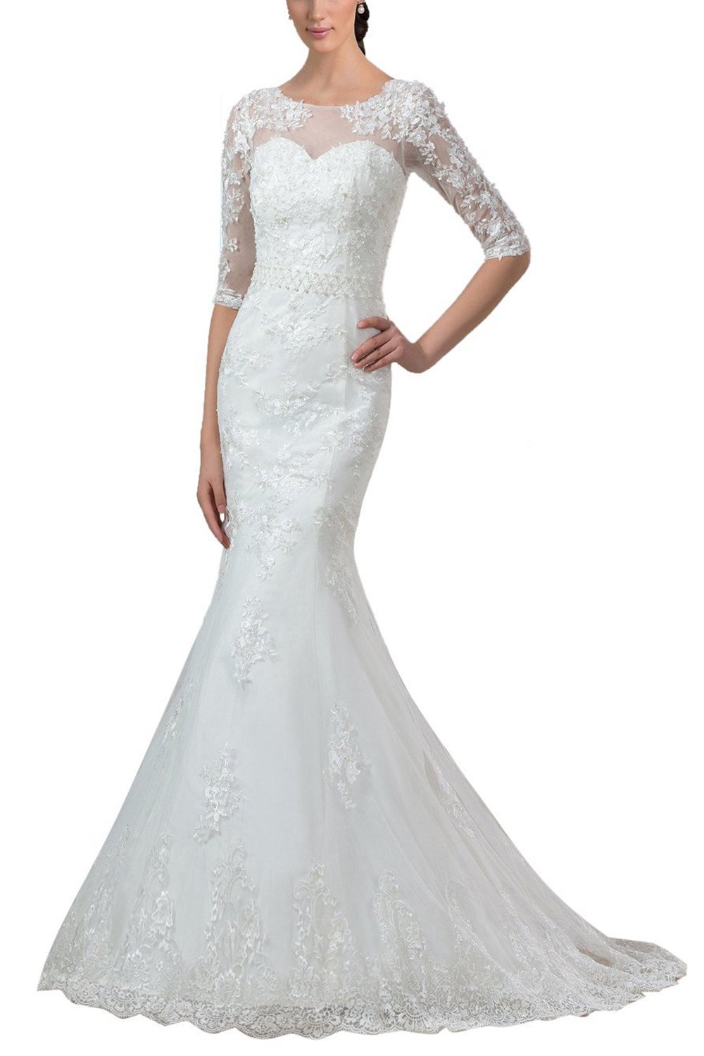 Elegant Mermaid Wedding Dress for Women with Sequins & Appliques - Half Sleeve Scoop Neck Bridal Gown for Beach, Church, or Formal Wedding Ceremonies
