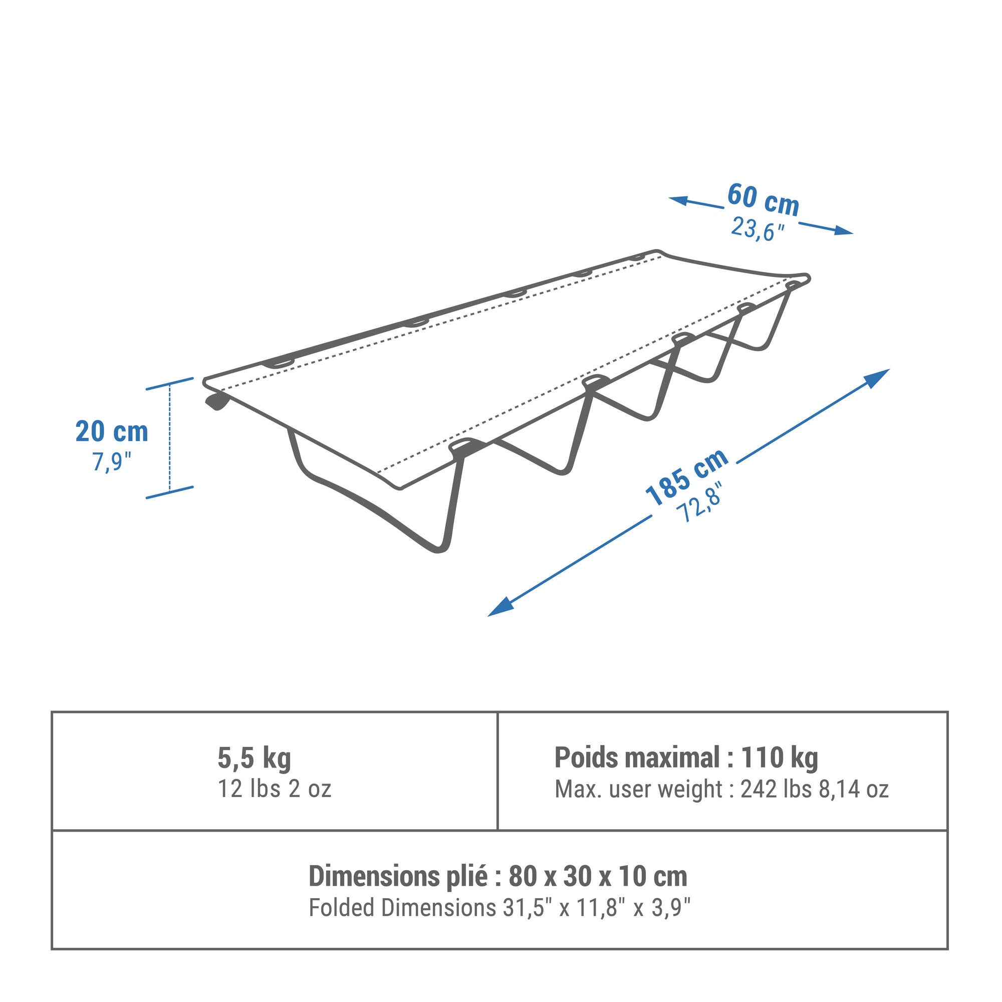 Quechua 24 Camp Bed - Portable Folding Cot for 1 Person - Lightweight & Compact for Camping, Hiking & Outdoor Adventures