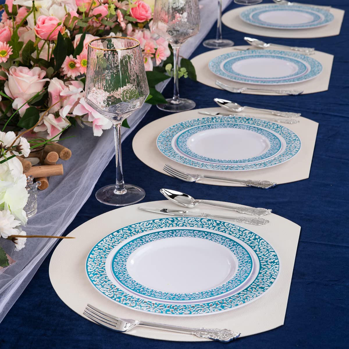 WELLIFE 180-Piece Blue Plastic Dinnerware Set - 30 Dinner Plates, 30 Dessert Plates, 30 Cups & 30 Cutlery Sets for Parties, Picnics, BBQs & Outdoor Events - Durable Disposable Tableware for Birthdays, Weddings & Family Gatherings