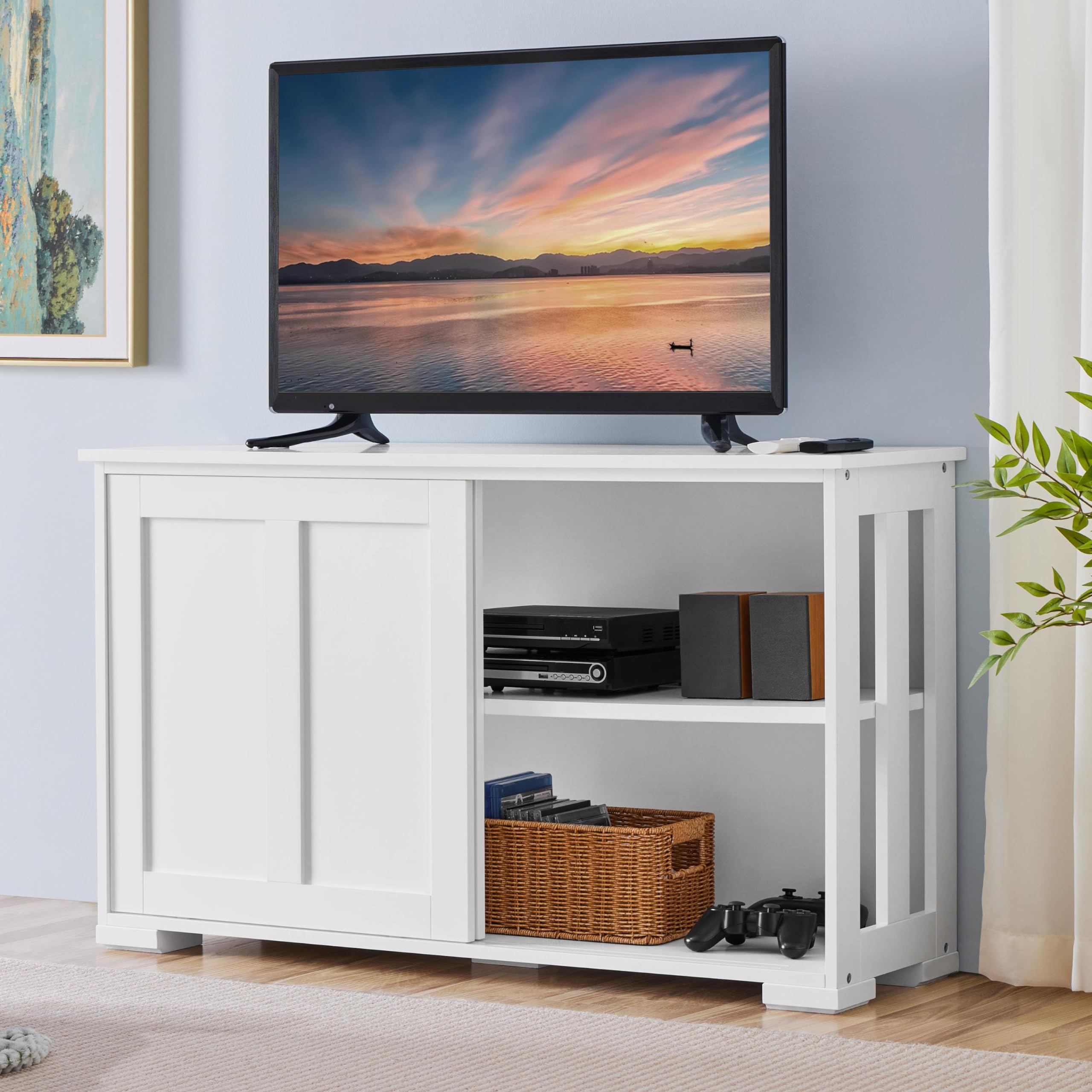 Yaheetech 45 Inch TV Stand with Sliding Doors & Adjustable Shelf - Modern Entertainment Center TV Console Table for Living Room, Bedroom - Sturdy TV Cabinet for Flat Screen TVs (White) - Perfect for Home Theater Setup & Living Room Organization
