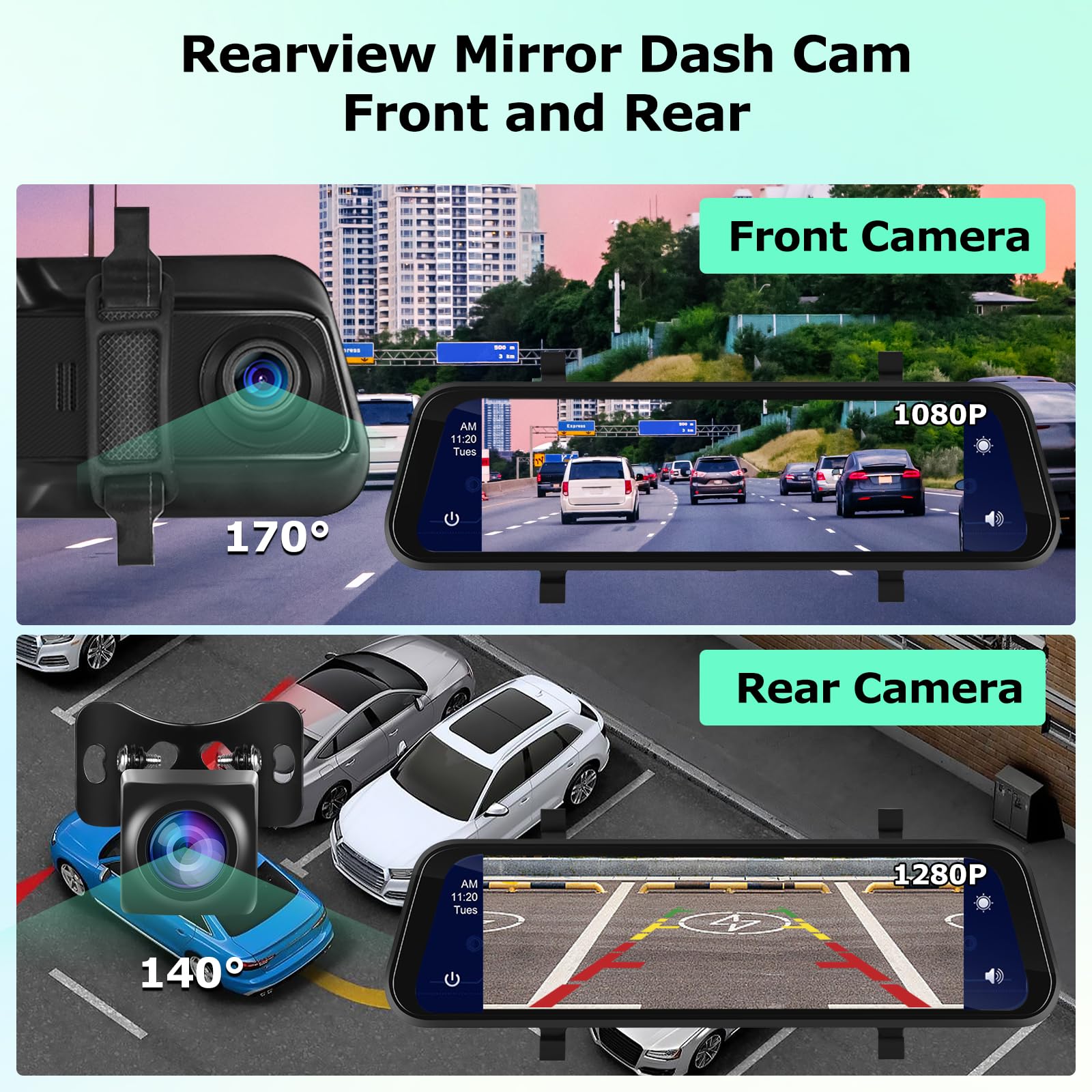 9.66 Inch Wireless Rear View Mirror Camera with Apple CarPlay & Android Auto - 1280x720P Front & 1080P Rear Dual Dash Cam - Night Vision, Voice Control, Backup Camera + 64GB TF Card - Perfect for Cars, Trucks & SUVs