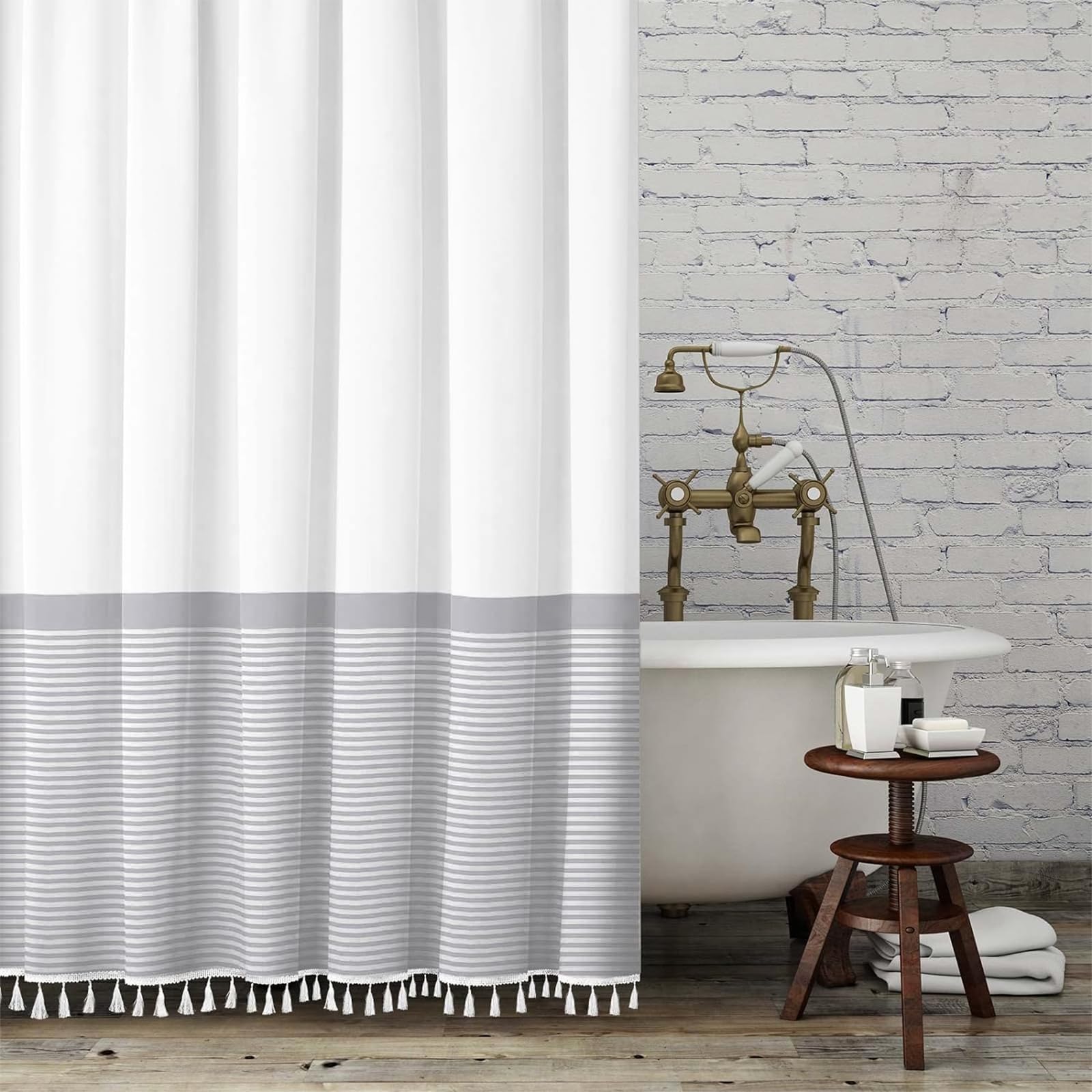 96 Inch Extra Long Gray Striped Shower Curtain with Tassels - White Nordic Chic Polyester Bathroom Curtain Set (72x96) for Modern & Vintage Bathroom Decor