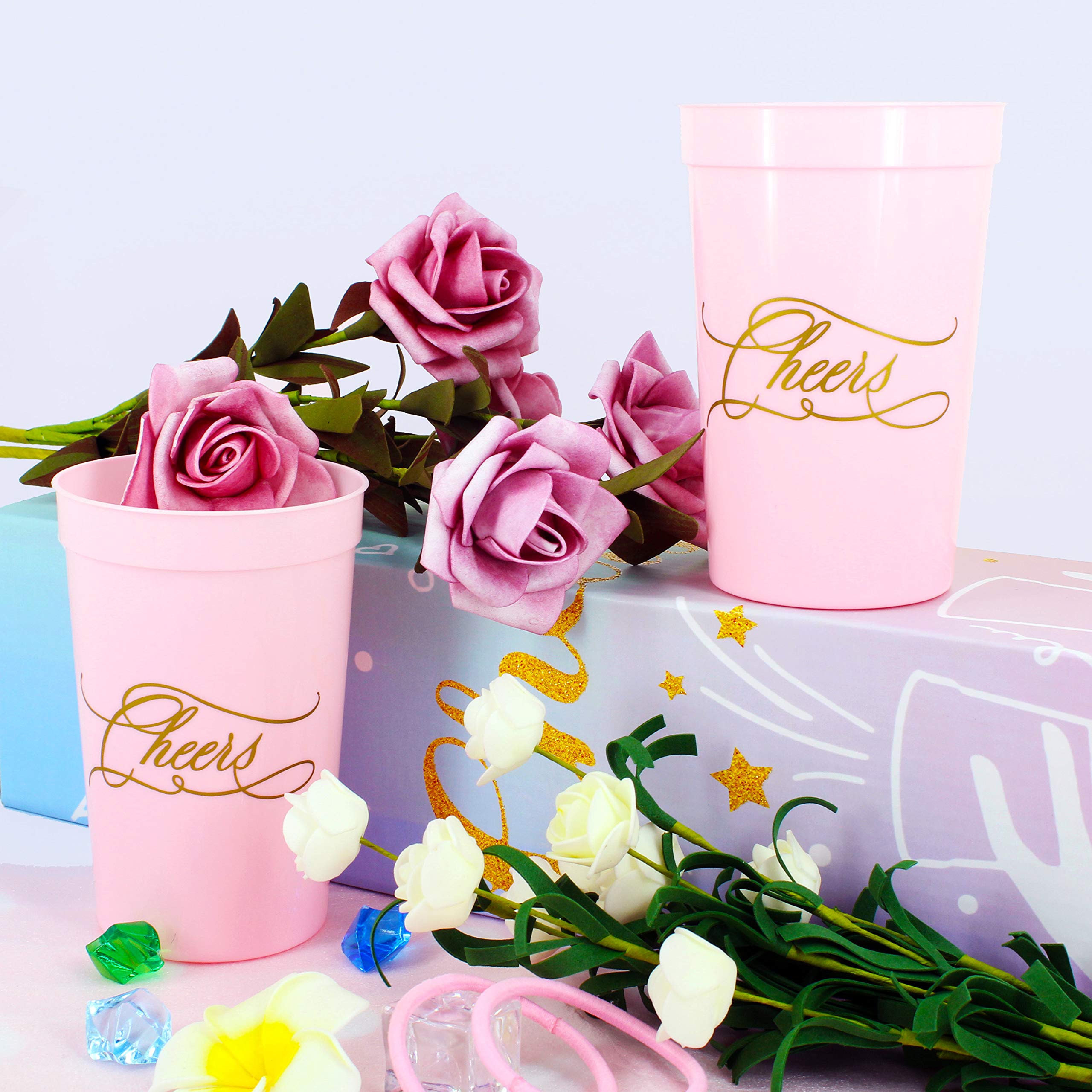 LADY&HOME 15 Pack 16 Oz Reusable Plastic Party Cups - Elegant & Durable Cheers Cups for Wedding, Birthday, Bridal Shower & Special Events (Pink) - Perfect for Cocktails, Mocktails & Champagne Toasts