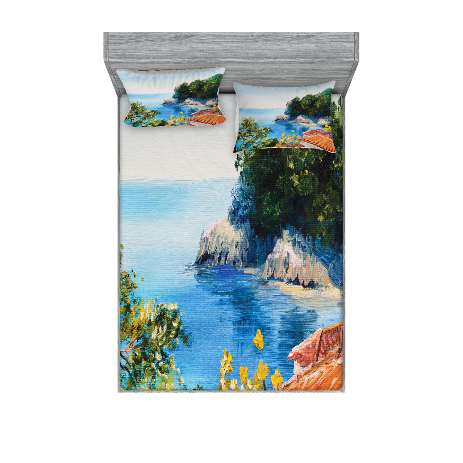 Ambesonne 2-Piece Queen Size Fitted Sheet Set with 4 Pillow Shams - Mediterranean Scenery Blue Green Orange Floral Pattern Bedding - Perfect for Guest Rooms, Vacation Homes & Coastal Themed Bedrooms