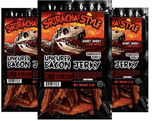 Sriracha Hot Sauce Bacon Jerky – Spicy Keto-Friendly Meat Snacks, MSG-Free, High Protein, 3-Pack (2 oz Each) – Perfect for Hiking, Camping & On-the-Go Snacking | Jurassic Jerky's Premium Sriracha-Flavored Bacon Jerky