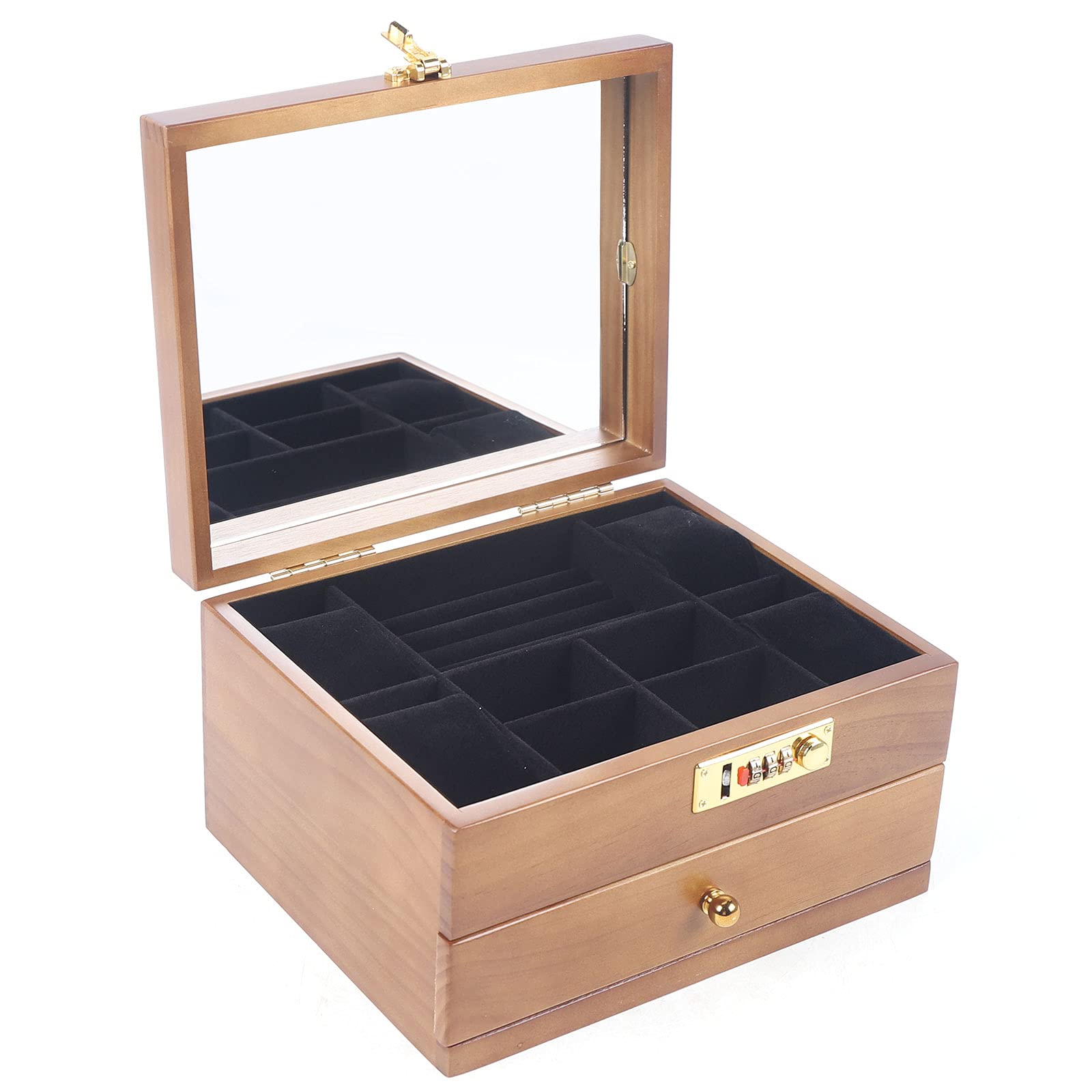 Vintage Wooden Double Layer Jewelry Storage Box with Mirror & Combo Lock - Jewelry Organizer for Earrings, Necklaces, Rings, Watches & Bracelets - Perfect Gift for Women & Girls - Ideal for Bedroom, Travel & Wedding Jewelry Storage