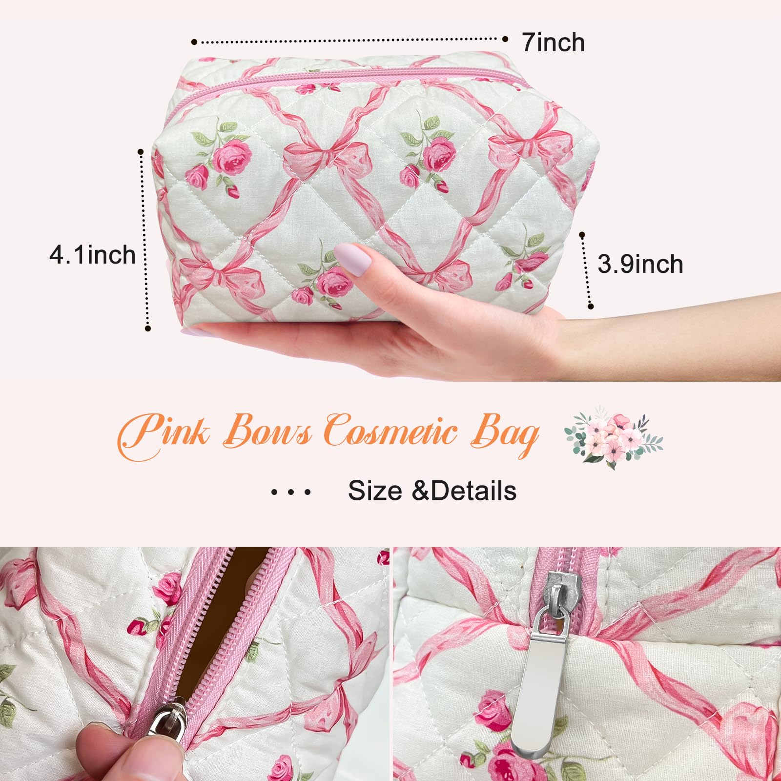 Quilted Small Makeup Bag with Pink Ribbons - Coquette Cosmetic Pouch & Travel Toiletry Organizer for Women & Girls | Perfect for Daily Use, Travel, and Gift Giving