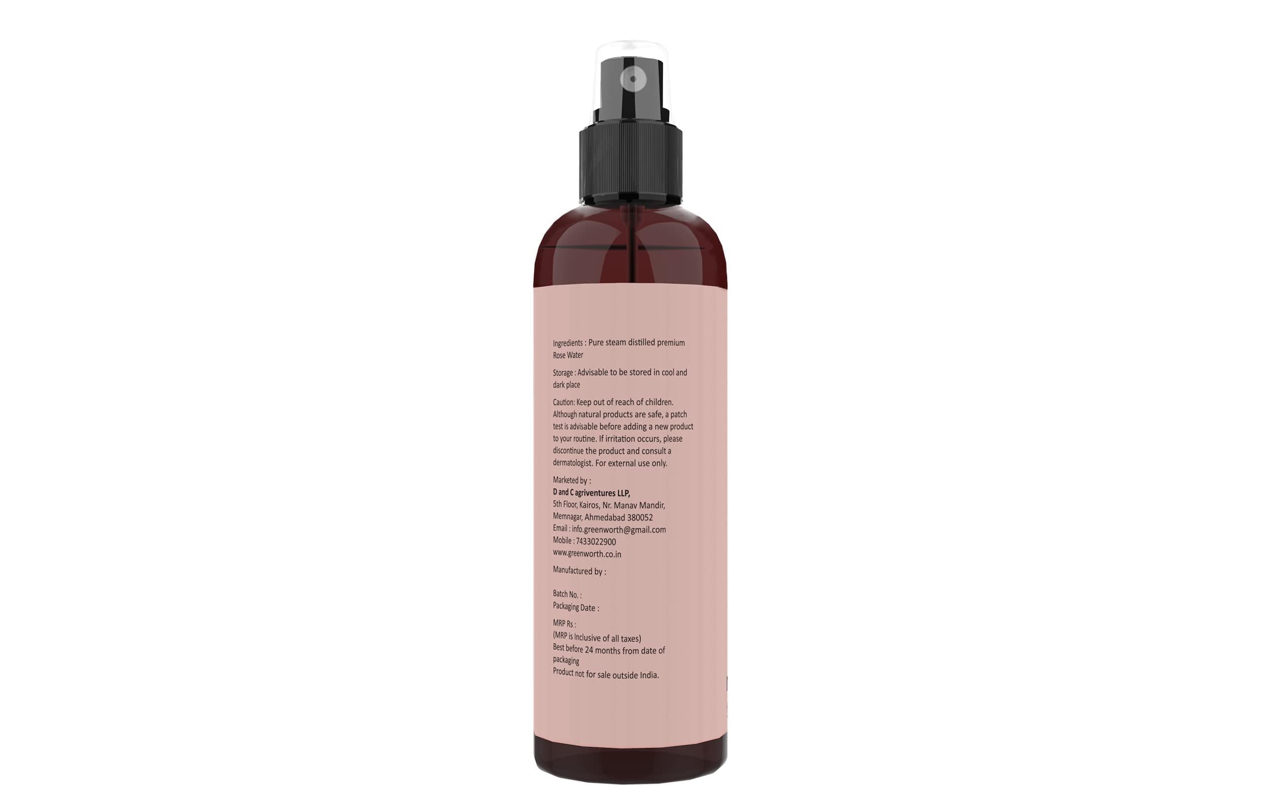 GREEN WORTH Pure & Natural Rose Water Toner Mist Spray - 200ml Steam Distilled Gulab Jal | Alcohol-Free & Chemical-Free Facial Hydration | Refreshing Face Mist for Dry Skin, Makeup Setting & Skin Care Routine