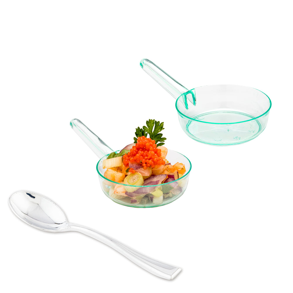 100-Pack 1 oz Seagreen Plastic Mini Sauce Cups with 100 Silver Plastic Mini Spoons - Perfect for Party Favors, Condiment Serving, Catering, and Dessert Displays