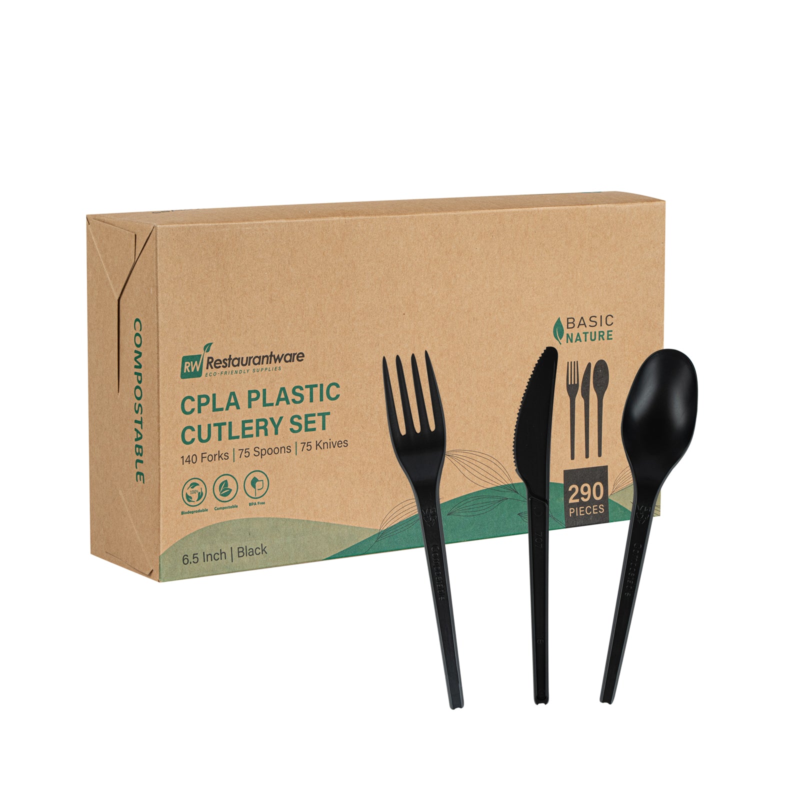 Eco-Friendly Black CPLA Plastic Cutlery Set - 290 Count, Heat Resistant & Compostable Cutlery (6.5 Inches) - Perfect for Parties, Picnics, Catering & Sustainable Dining