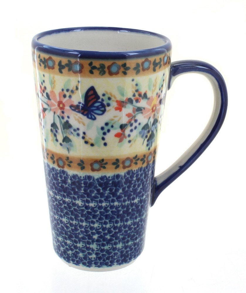 Handmade Polish Pottery Blue Rose & Butterfly Large Coffee Mug - Perfect for Home, Office & Gifts - 15oz Ceramic Tea Cup with Unique European Design
