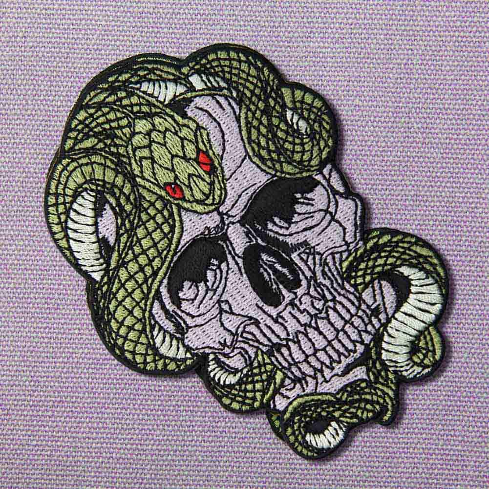 Snake and Skull Embroidered Patch - Iron On or Sew On Badge for Jackets, Hats, Bags - Gothic Punk Style DIY Accessories for Clothing and Backpacks