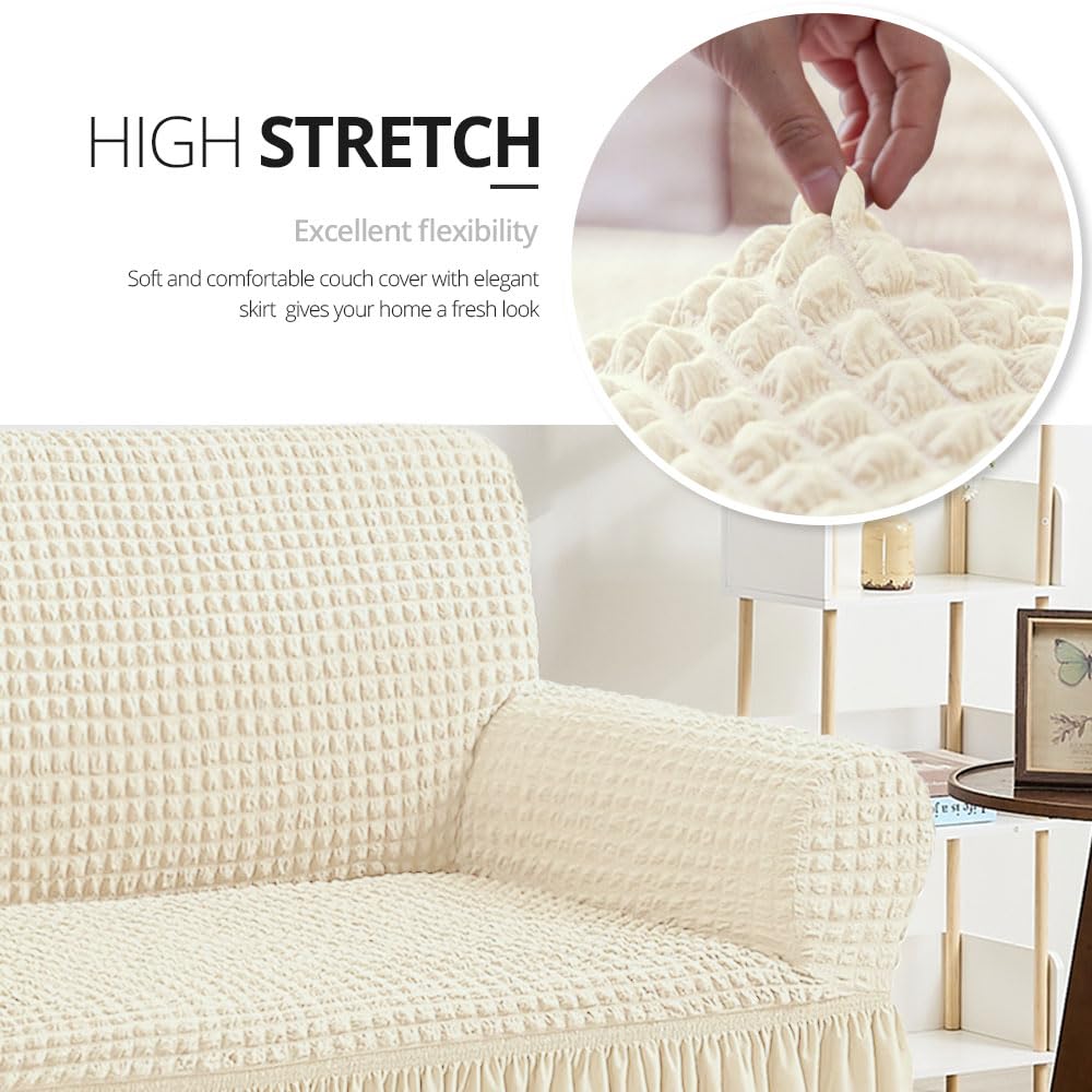 Washable Stretch Sofa Slipcover for 3-Cushion Couch - Beige Universal 3-Seat Furniture Protector with Skirt | Durable, Country Style Couch Cover | Perfect for Living Room, Family Room & Home Decor
