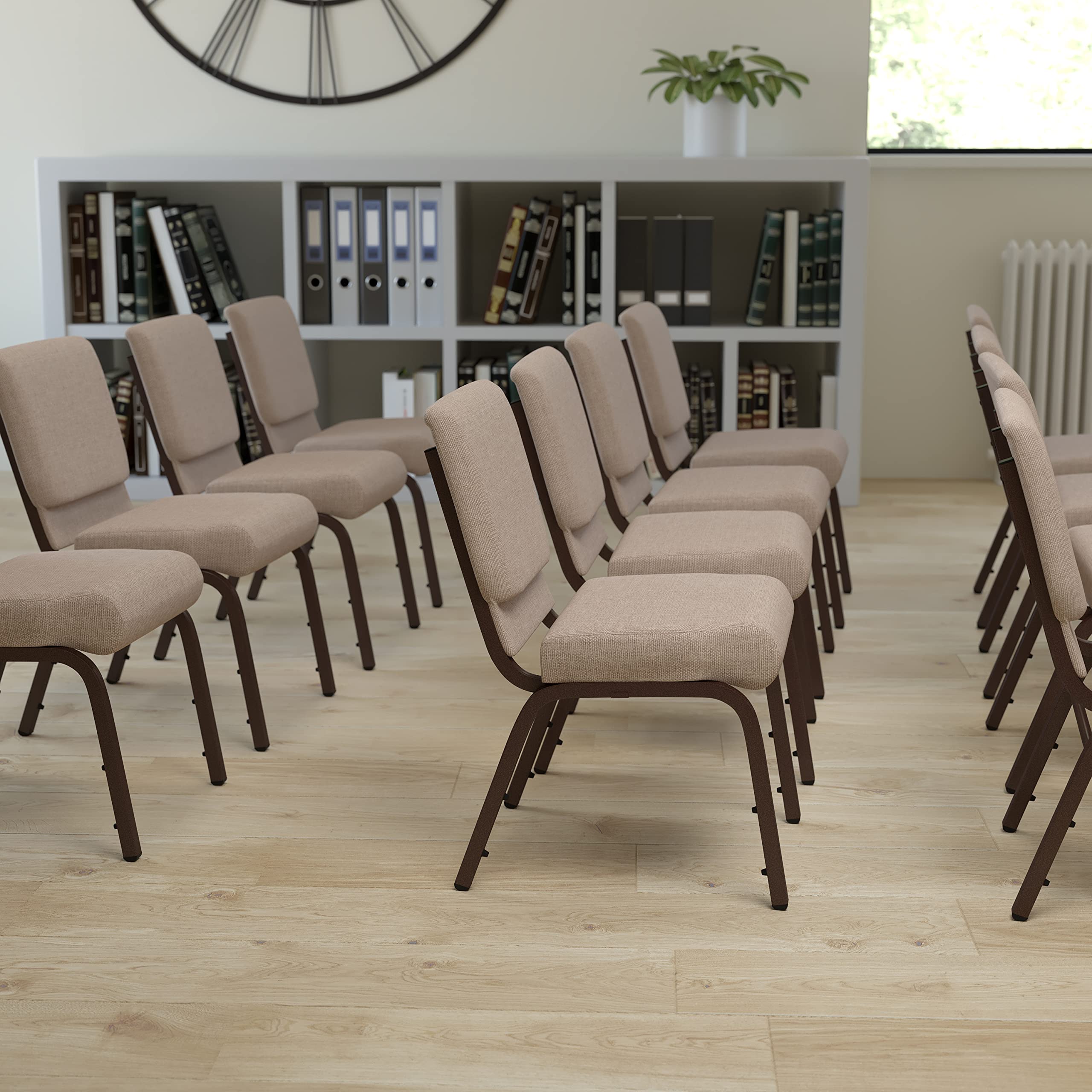 EMMA & OLIVER 21-Inch Stackable Church Chairs - Beige Fabric with Copper Vein Metal Frame for Weddings, Events & Banquet Seating