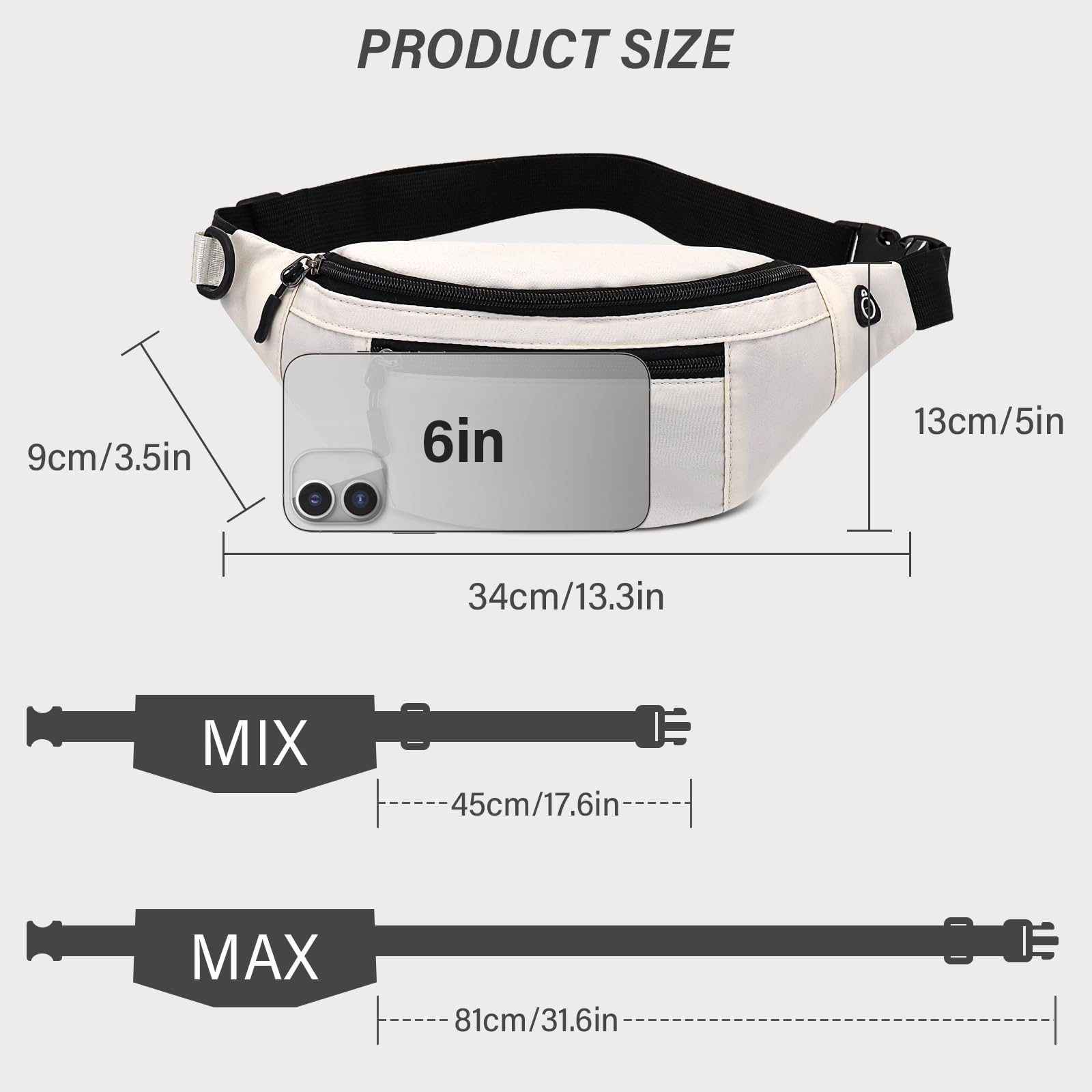 Waterproof Fanny Pack for Men & Women - Adjustable Waist Bag with Multi-Pockets | Lightweight Crossbody Belt Pack for Running, Hiking, Travel & Outdoor Activities (White)