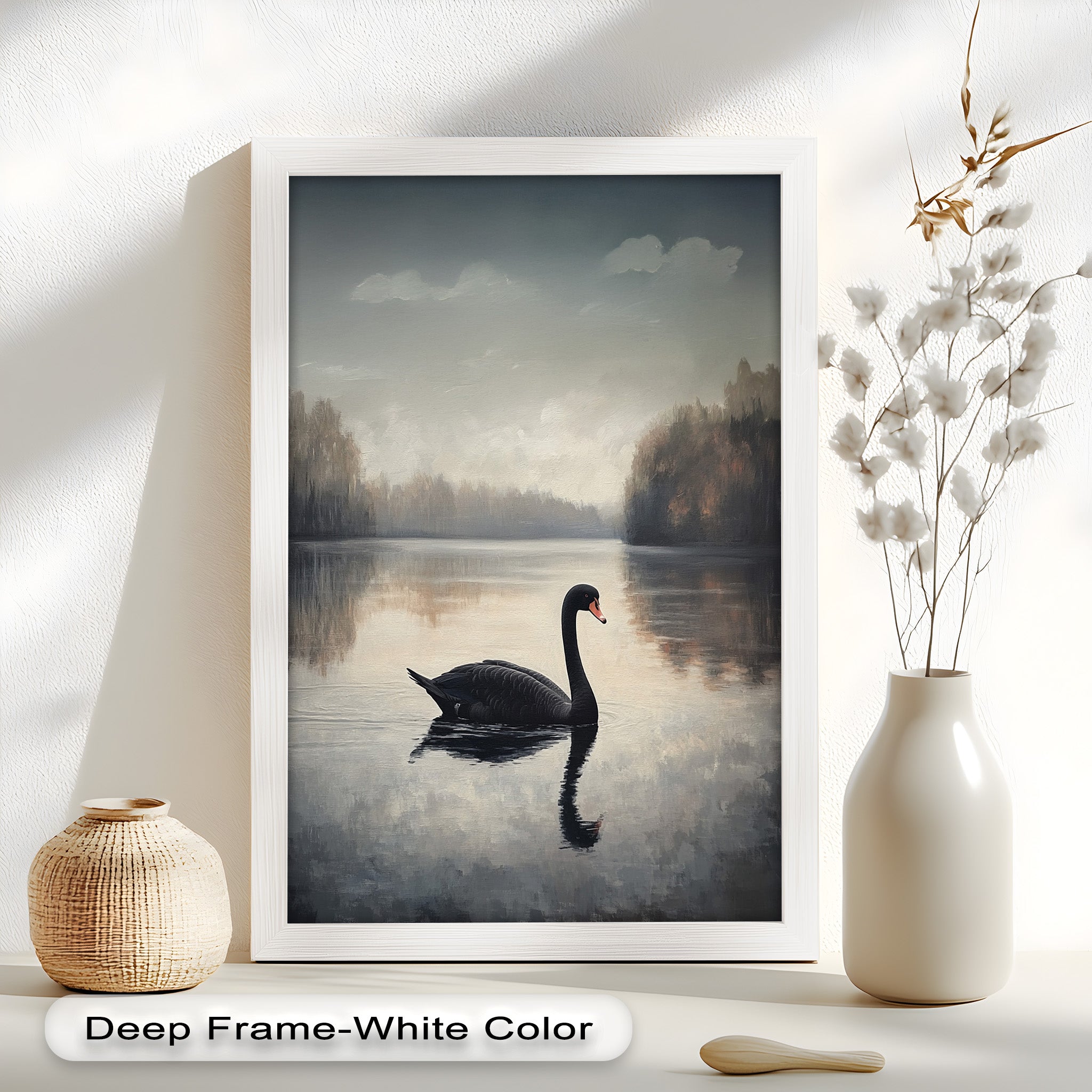 Black Swan at Dusk - Hand Painted Lake Landscape Oil Canvas Artwork - Perfect for Living Room, Bedroom, or Office Wall Decor