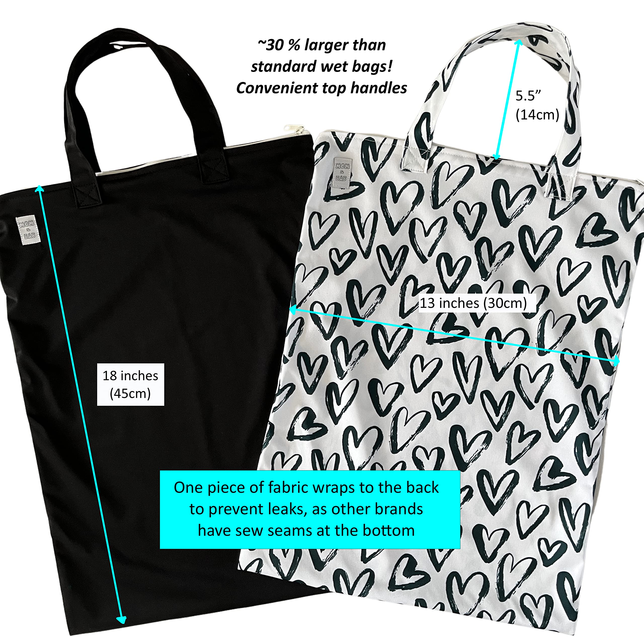 Waterproof Wet Bags for Baby Cloth Diapers, Swimsuits & Towels - Odor Resistant Storage for Gym, Daycare & Travel - Hearts & Black Pattern