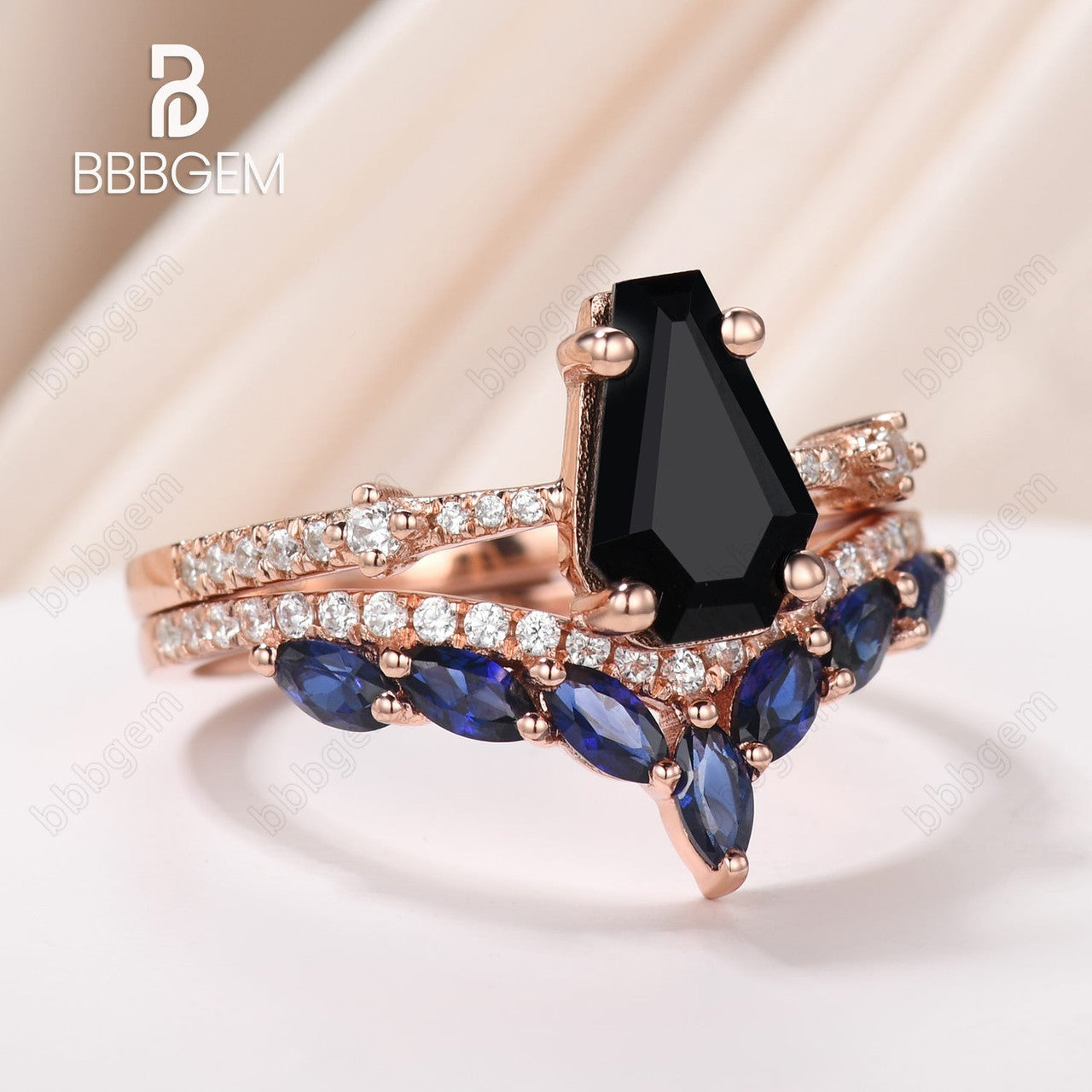 Unique Coffin Shaped Wedding Ring Set - 14k Rose Gold Black Onyx Ring & Marquise Cut Blue Sapphire Band - Gothic Anniversary Gift for Couples - Perfect for Dark Romance Weddings, Gothic Proposals & Alternative Jewelry Lovers