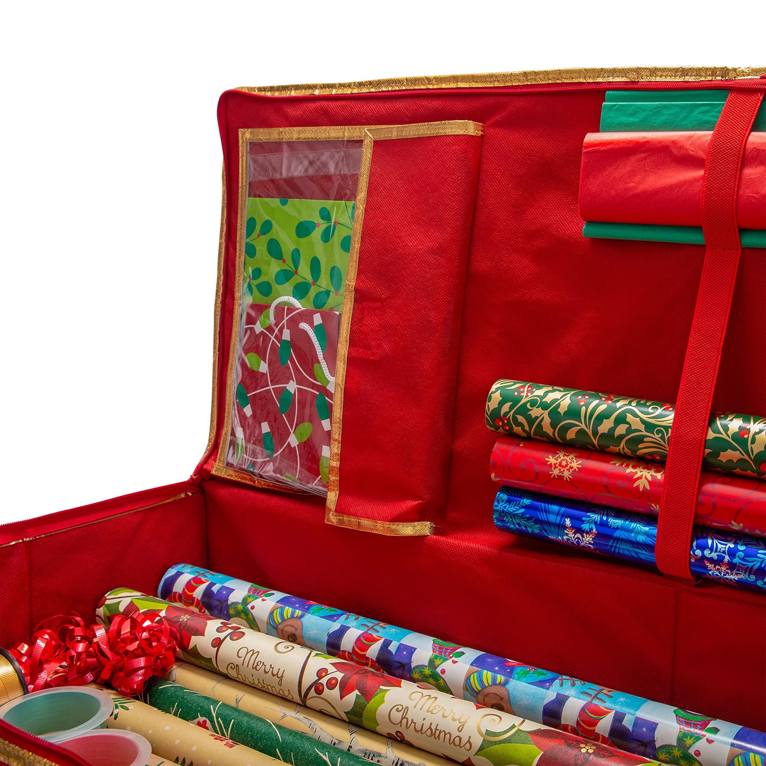 Simplify Holiday Gift Wrap Storage Tote with Compartments for Ribbons & Bows | Zipper Closure & Carry Handle | Christmas Organization Solution | Perfect for Wrapping Paper Storage, Holiday Decor Organization & Gift Wrapping Station (Red)
