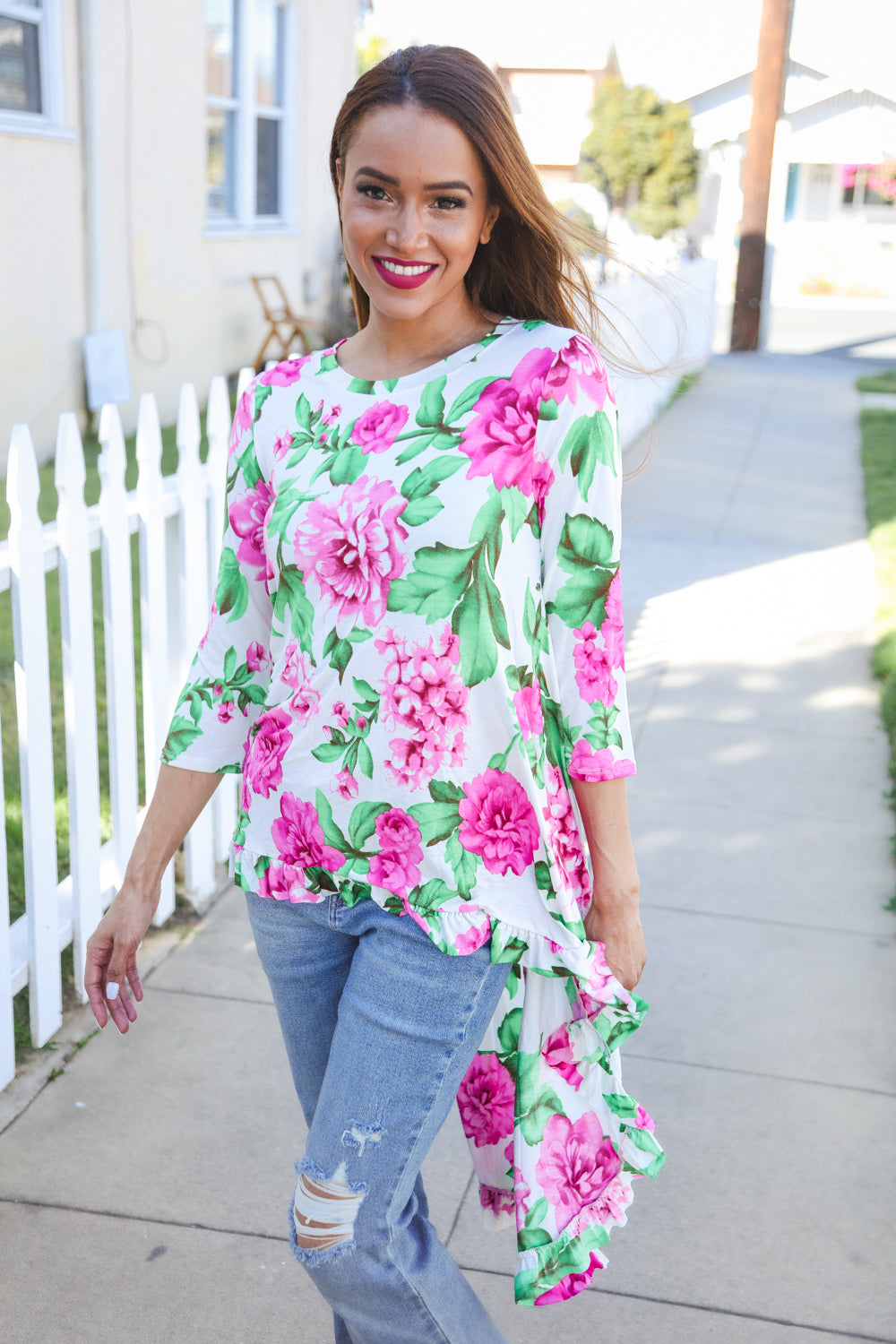 Be Bold Ivory Big Floral Hi-Lo Ruffle Hem Knit Top - Women's Fashion Blouse for Casual Wear, Date Night & Summer Outfits