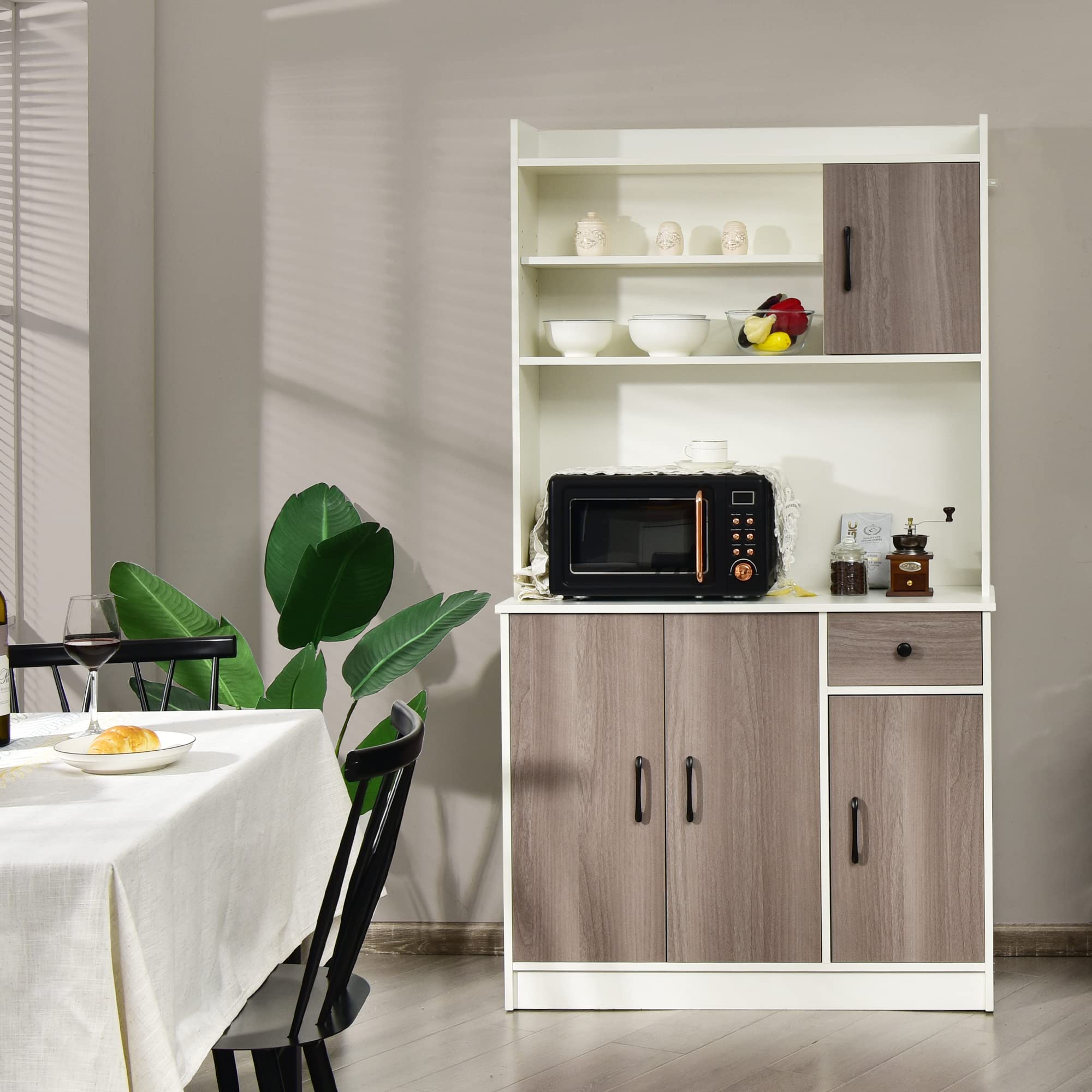 LOKO White Kitchen Pantry Storage Cabinet with Adjustable Shelves & Hutch - 39.5