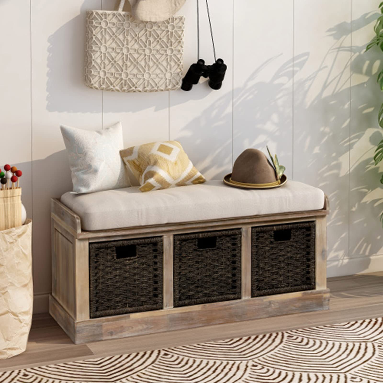 SLEERWAY Shoe Storage Bench with 3 Rattan Baskets & Removable Cushion - Farmhouse Entryway Bench for Mudroom, Living Room, Hallway - No Assembly Required - Perfect for Organizing Shoes, Hats & Home Decor