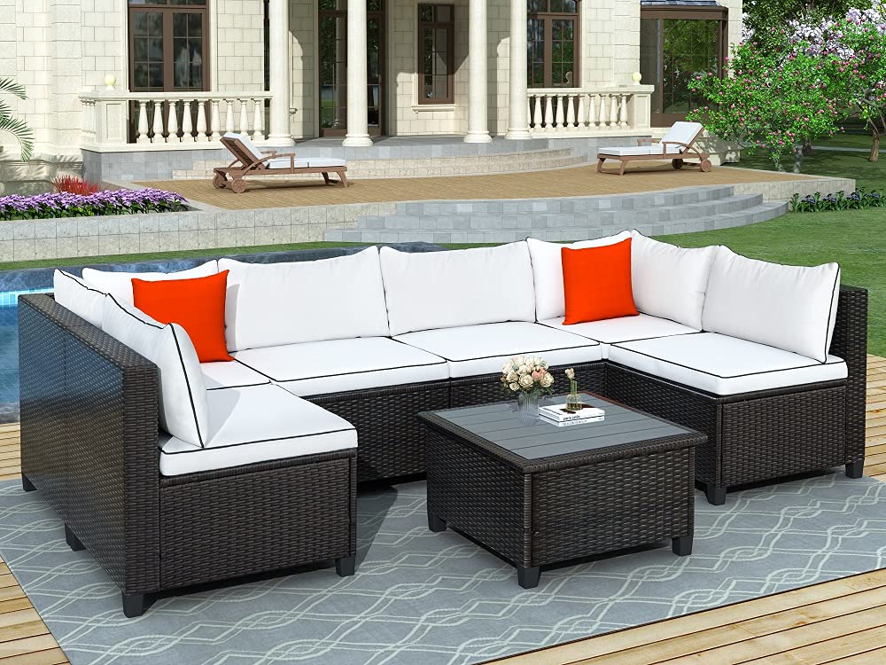 7-Piece Beige Wicker Patio Dining Set with Glass Top Table & 6 Chairs - Outdoor Furniture for Garden, Poolside & Backyard Entertaining