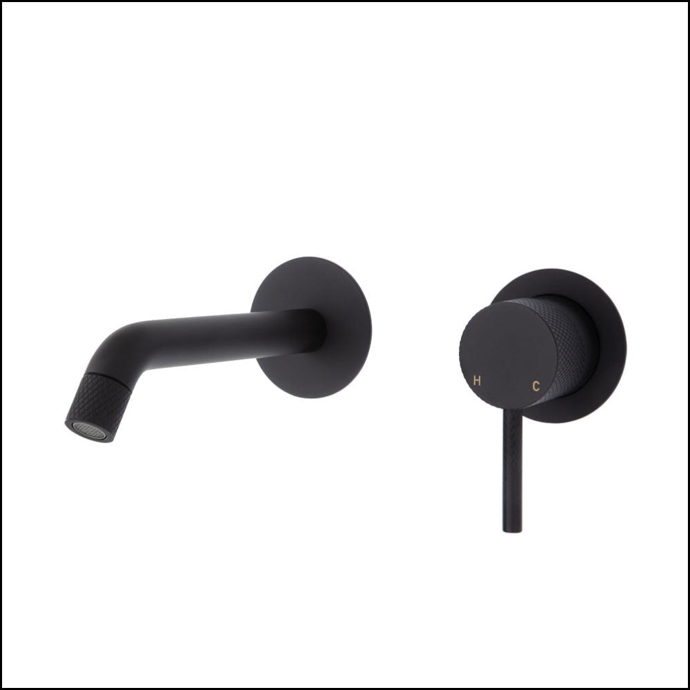 FIENZA Matte Black Axle Wall Mounted Basin & Bath Mixer Set with Small Round Plates - 160mm Outlet (Model 231104B) - Perfect for Modern Bathroom & Spa Renovations