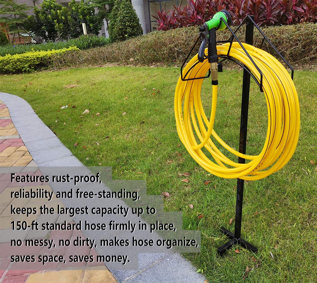 Heavy Duty Freestanding Metal Garden Hose Holder - Outdoor Water Hose Reel Storage Stand for Yard, Lawn & Garden - Bright Black (Hose Not Included) | Perfect for Organizing Hoses in Backyards, Patios & Gardening Areas