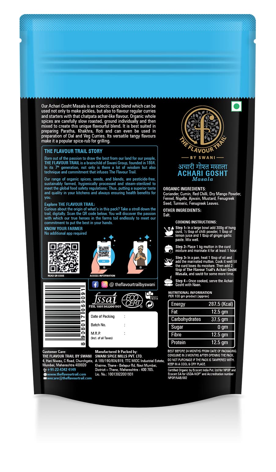 Organic Achari Gosht Masala - Authentic Pickled Spice Blend for Mutton, Chicken & Lamb | No Additives, Steam-Sterilized | Perfect for Curries, Biryani & Marination | The Flavour Trail Premium Indian Spices
