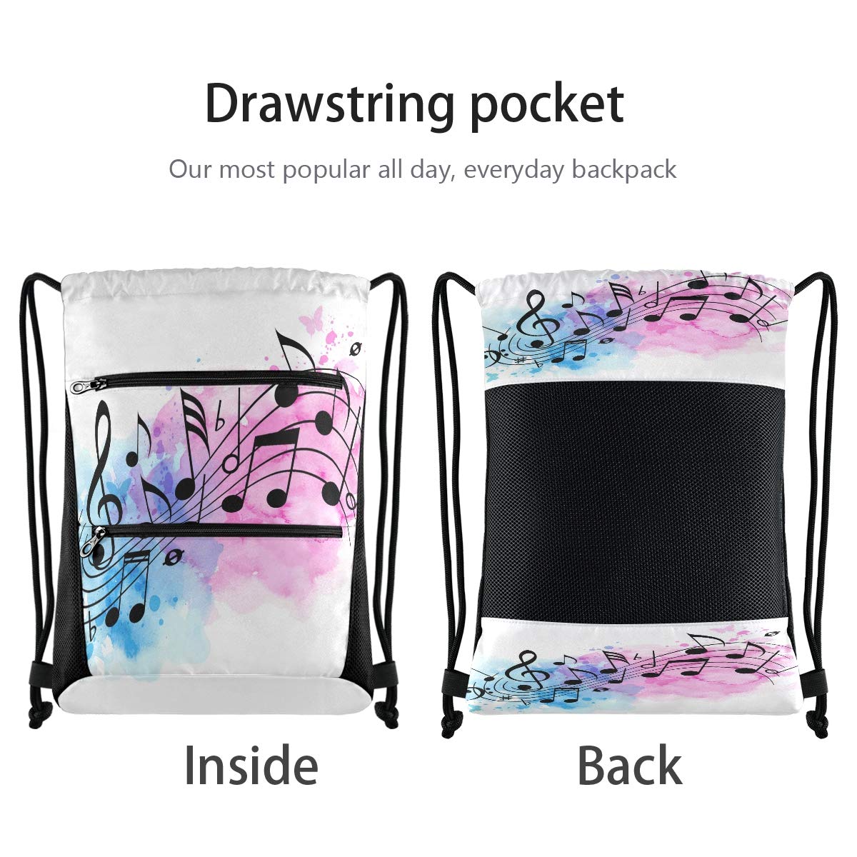 QMXO Abstract Music Notes Drawstring Backpack with Zip Pocket - Lightweight Gym Bag for Sports, Yoga, Travel - Unisex Daypack for Men, Women, Boys & Girls - Perfect for School, Workout, Beach & Outdoor Activities