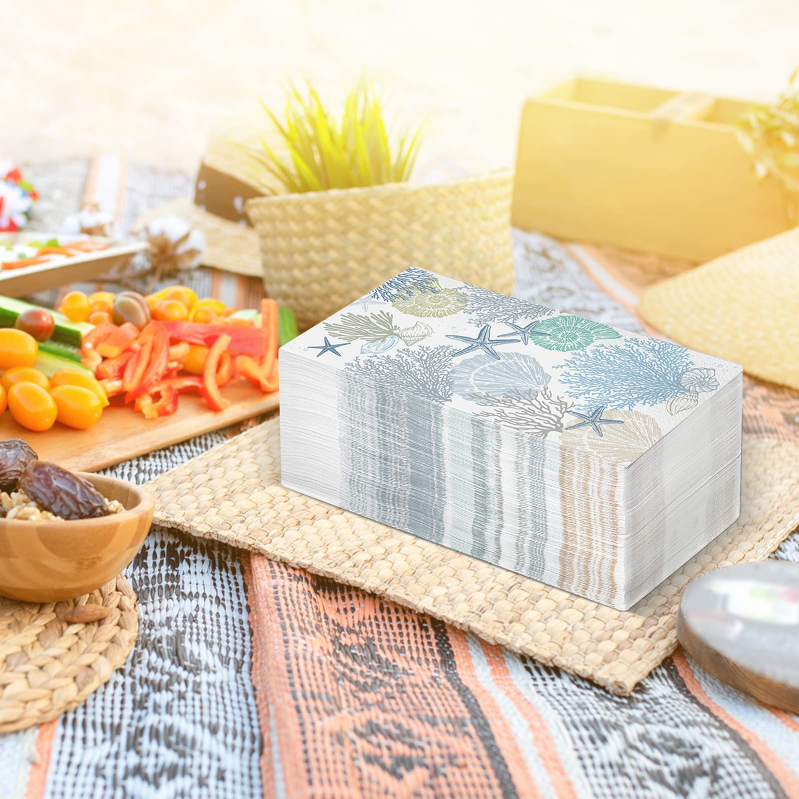 Funrous 200-Pack 3-Ply Seashell Napkins Bulk - Summer Ocean Beach Themed Paper Guest Towels, 7.9 x 4.3 Inches (Coral) - Perfect for Coastal Weddings, Nautical Parties & Bathroom Decor