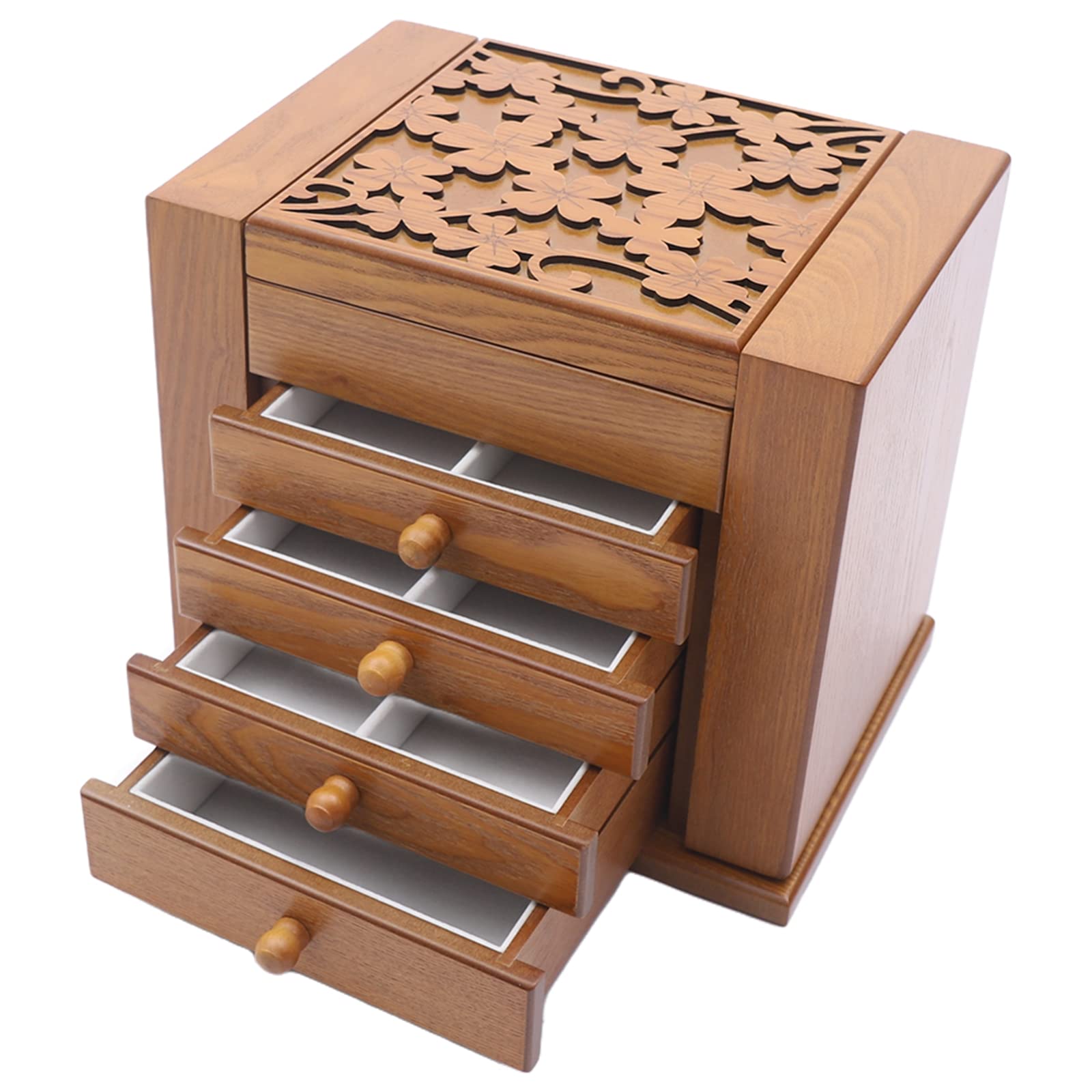 Eapmic Extra Large 5-Layer Wooden Jewelry Box - Hand Carved Four-Leaf Clover Design, Jewelry Storage Organizer for Rings, Necklaces & Accessories (Brown, Style 1) - Perfect for Bedroom Vanity, Wedding Gift & Travel Jewelry Case