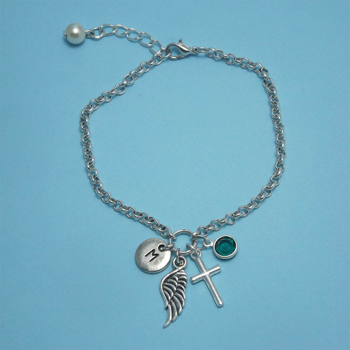 Personalized Catholic Remembrance Jewelry - Silver Cross Charm & Angel Wing Bracelet for Women | Religious Gifts, Baptism, First Communion, Prayer & Memorial Keepsake