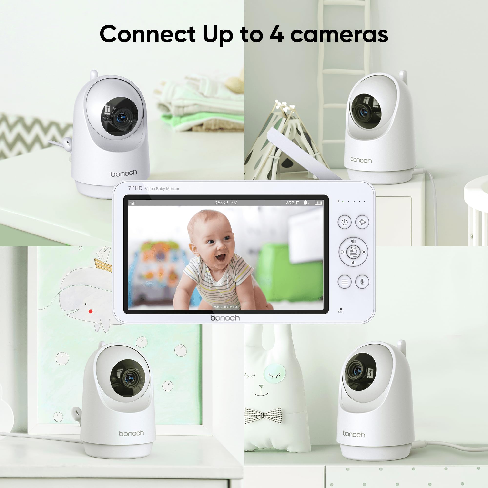 Bonoch Add-on Baby Camera for BBM01/BBM03/BBM05 - 720p HD Video Monitor, No WiFi, Split-Screen, Night Vision, 4X Zoom, 2-Way Audio, Temp Sensor, 8 Lullabies - Perfect for Nursery, Home Security & Child Monitoring