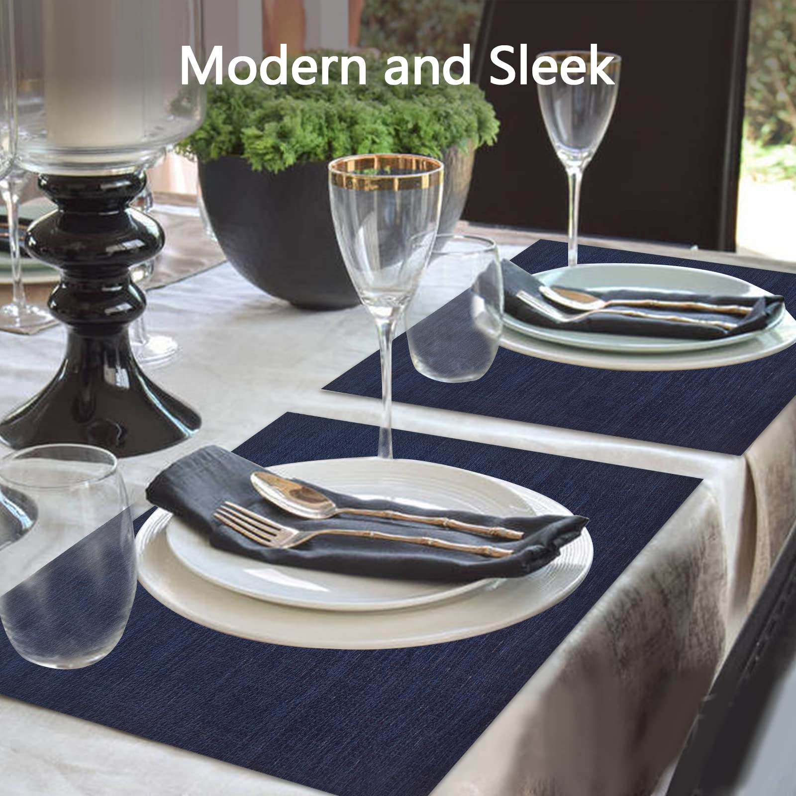 6-Pack Woven Vinyl Placemats for Dining Table - Waterproof Washable Indoor/Outdoor Table Mats - Dark Blue - Perfect for Kitchen, Patio, Picnic & Restaurant Use