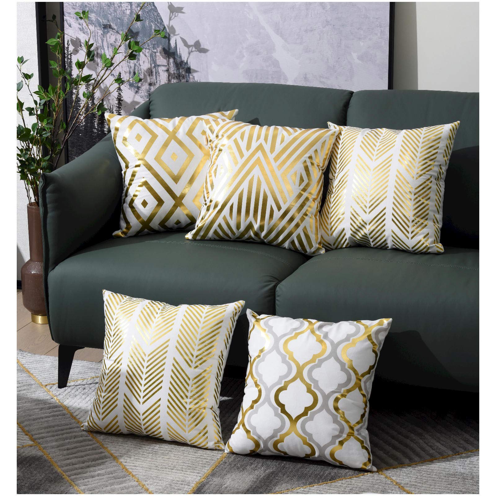 ZLINA 18x18 Inch Gold Foil Geometric Throw Pillow Covers Set of 4 - Decorative Cushion Covers for Sofa, Couch & Bedroom (White & Gold) | Perfect for Living Room Decor, Home Styling & Gift Giving