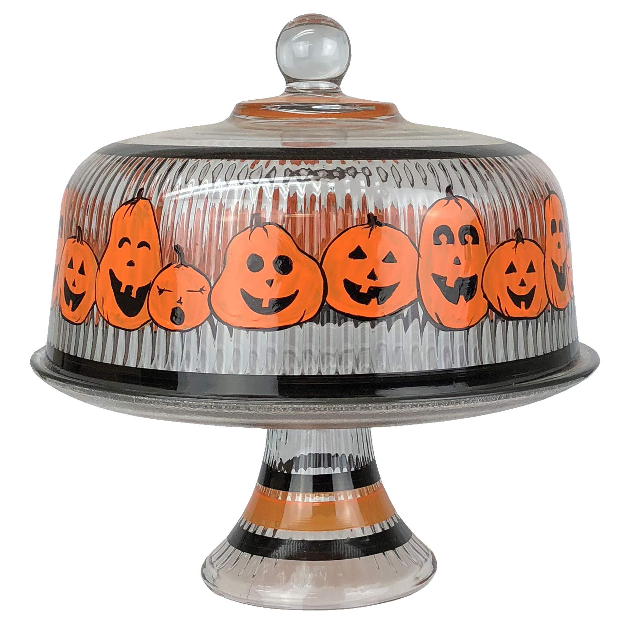 Hand Painted Pumpkin Family Cake Stand with Glass Cover - Unique Decorative Cake Dome for Dessert Display - American Artist Crafted Glassware for Kitchen Table Decor & Party Serving