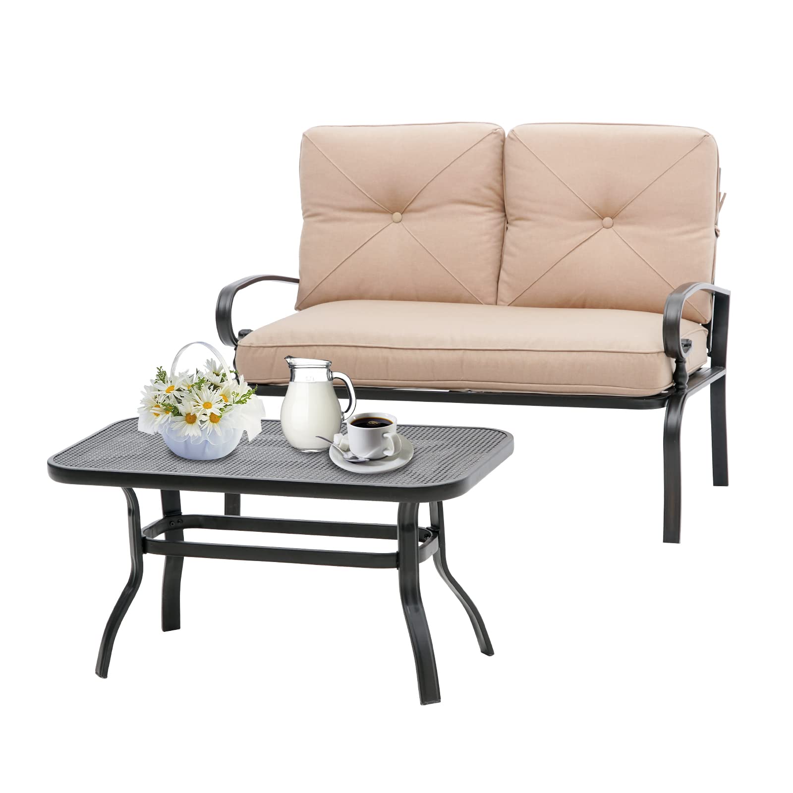 2-Piece Wrought Iron Outdoor Loveseat Set with Cushion & Coffee Table - Patio Furniture for Garden, Poolside & Porch - Weather-Resistant Metal Frame Bench (Brown) | Perfect for Relaxing, Entertaining & Outdoor Dining